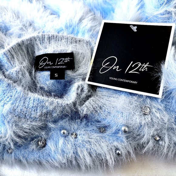 On 12th Blue Soft Fuzzy Pullover Sweater Rhinestones Beads Womens Small NEW - Picture 8 of 13